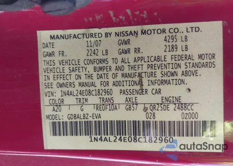 2008 Nissan Altima 2.5 S from USA, damaged, VIN 1N4AL24E08C182960